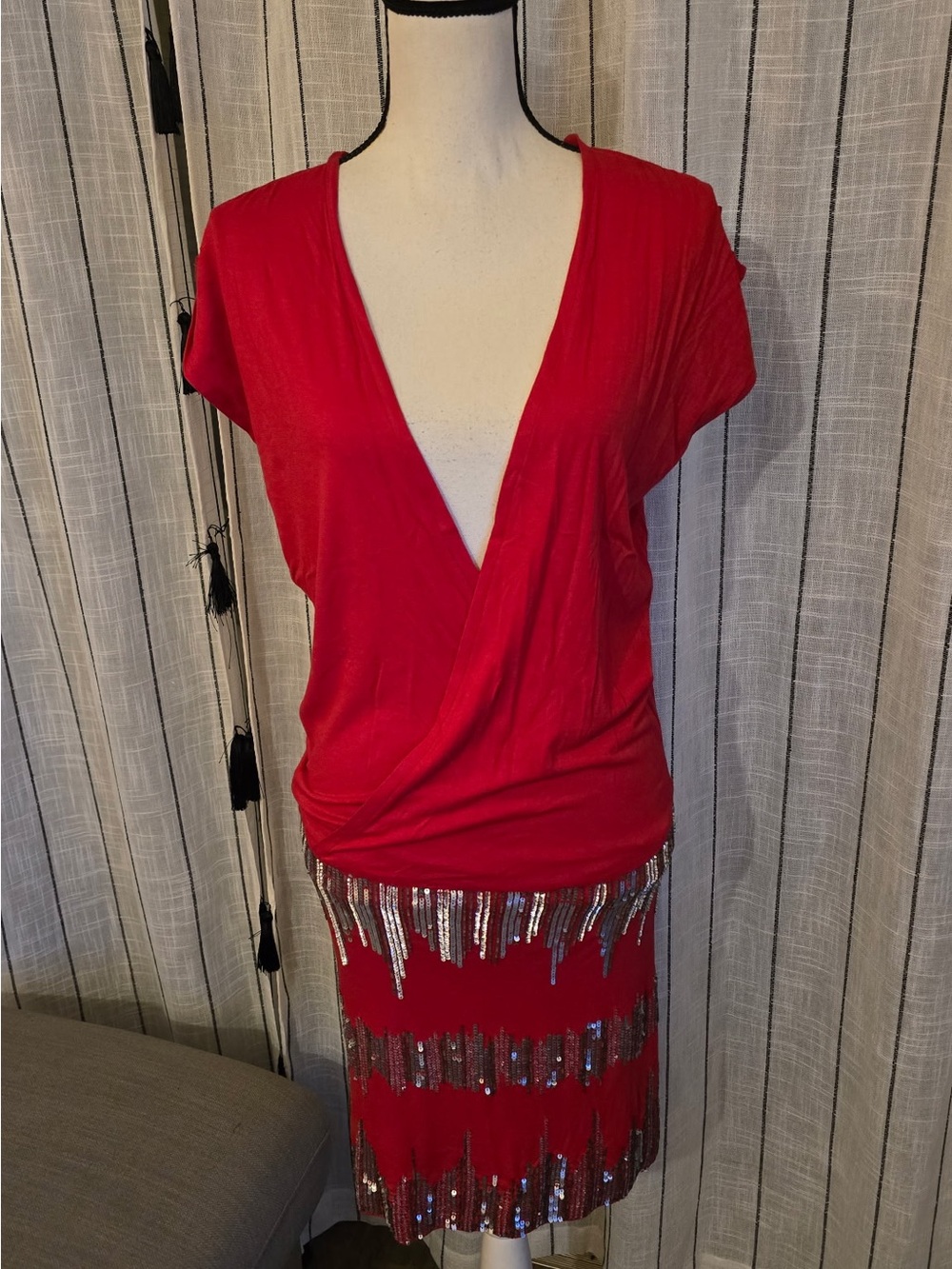Source Unknown Red Deep V Mini Dress with Sequin Fringe
